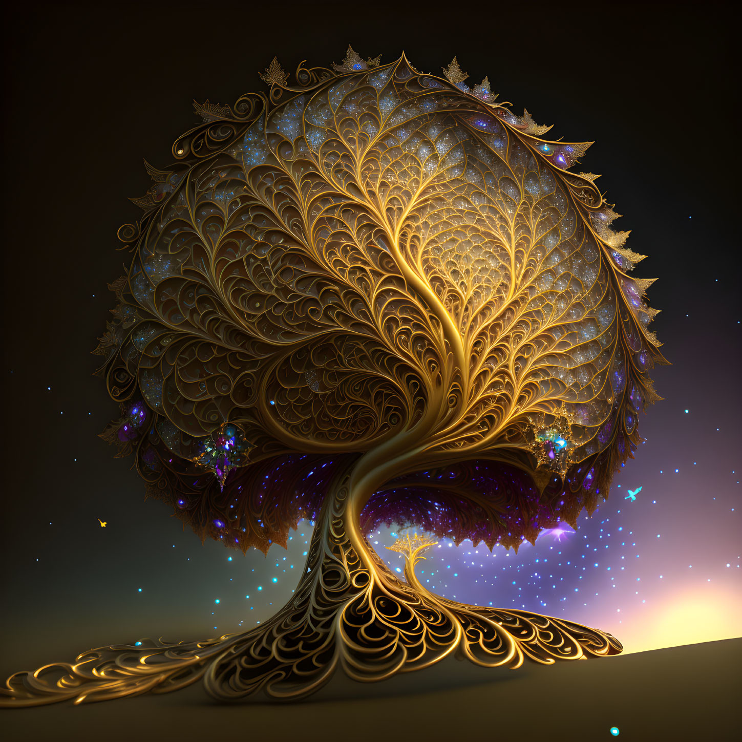 Radiant golden tree with intricate leaf patterns on starry night sky