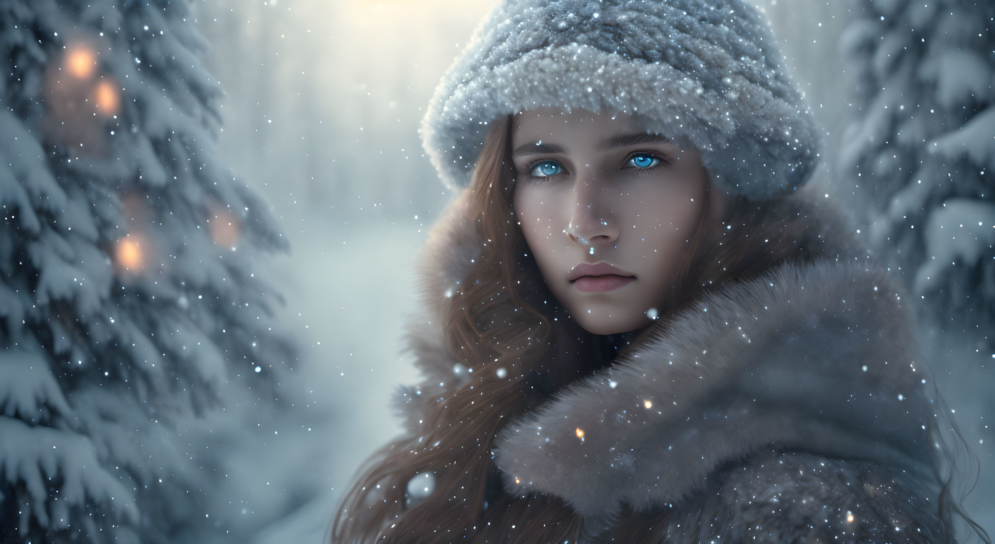 Blue-eyed woman in fur-trimmed coat and hat in snowfall scenery