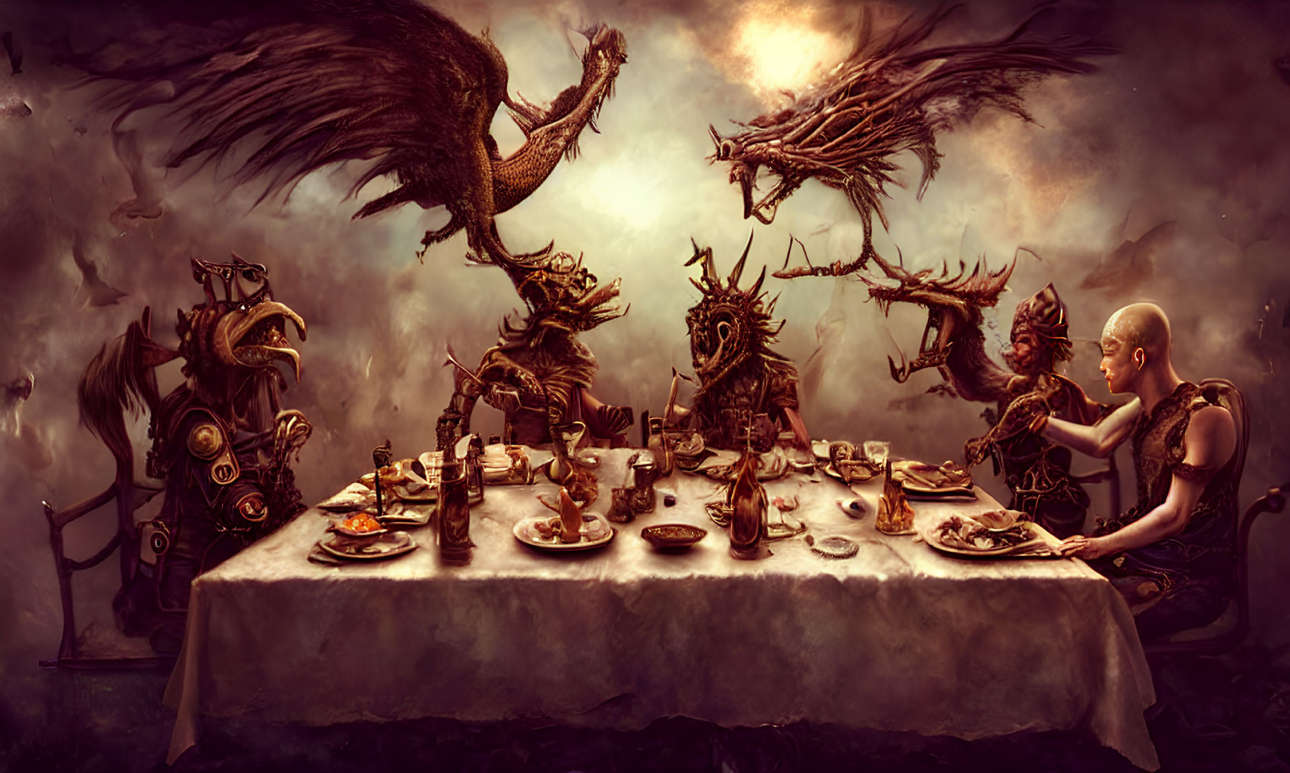 Fantasy banquet with animal-themed warriors, bald man, and flying creatures.