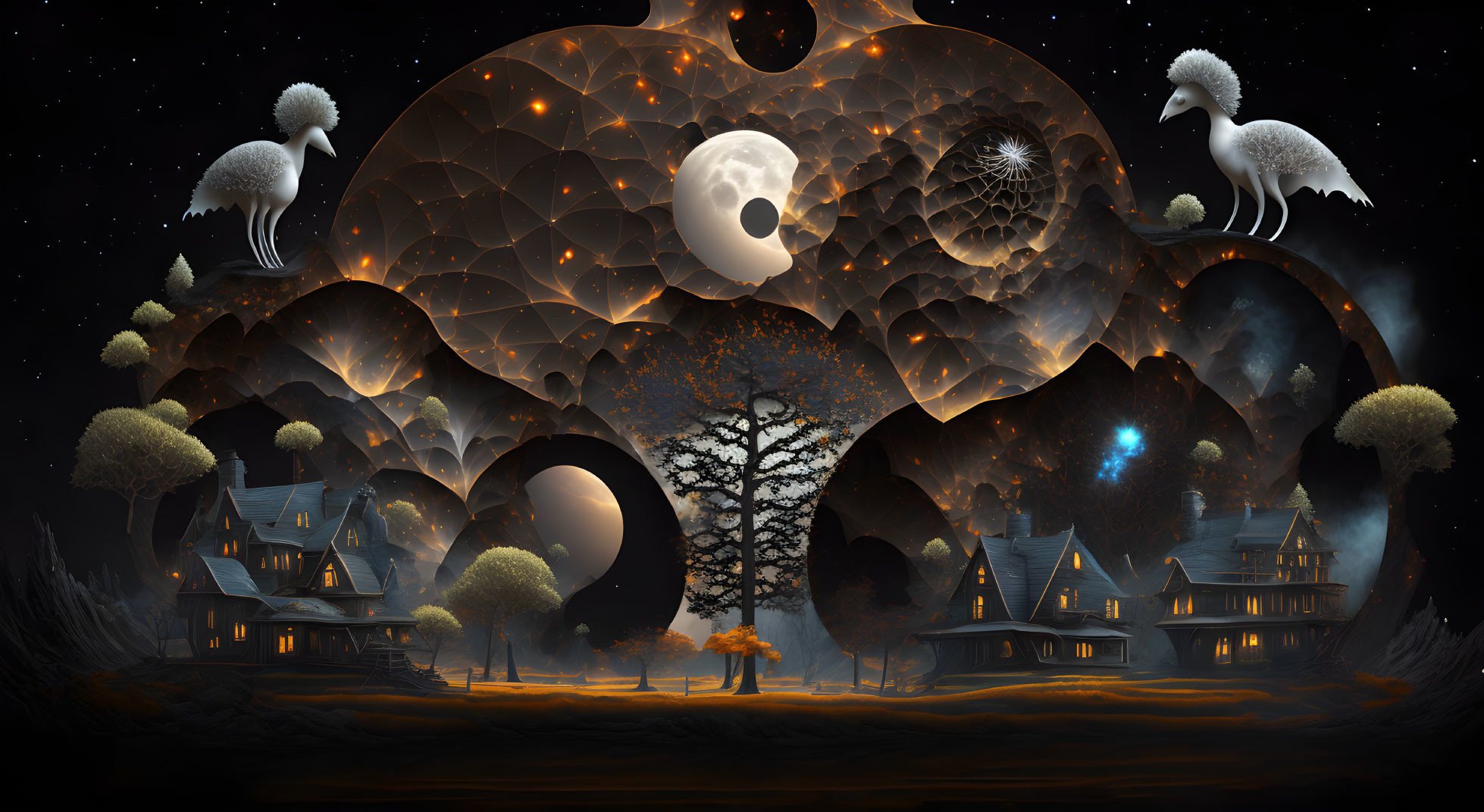 Surreal landscape with sheep-shaped clouds, tree, fantasy houses, and night sky moons.