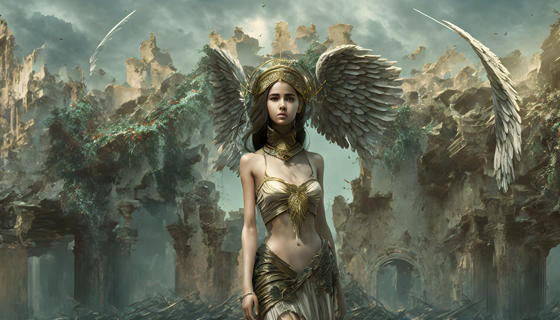 Majestic angel with large wings in golden armor amid stormy ruins