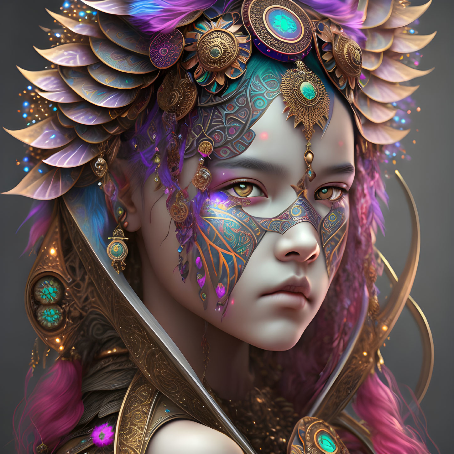 Digital art portrait of mystical female with violet eyes, ornate headgear, facial tattoos, and pink