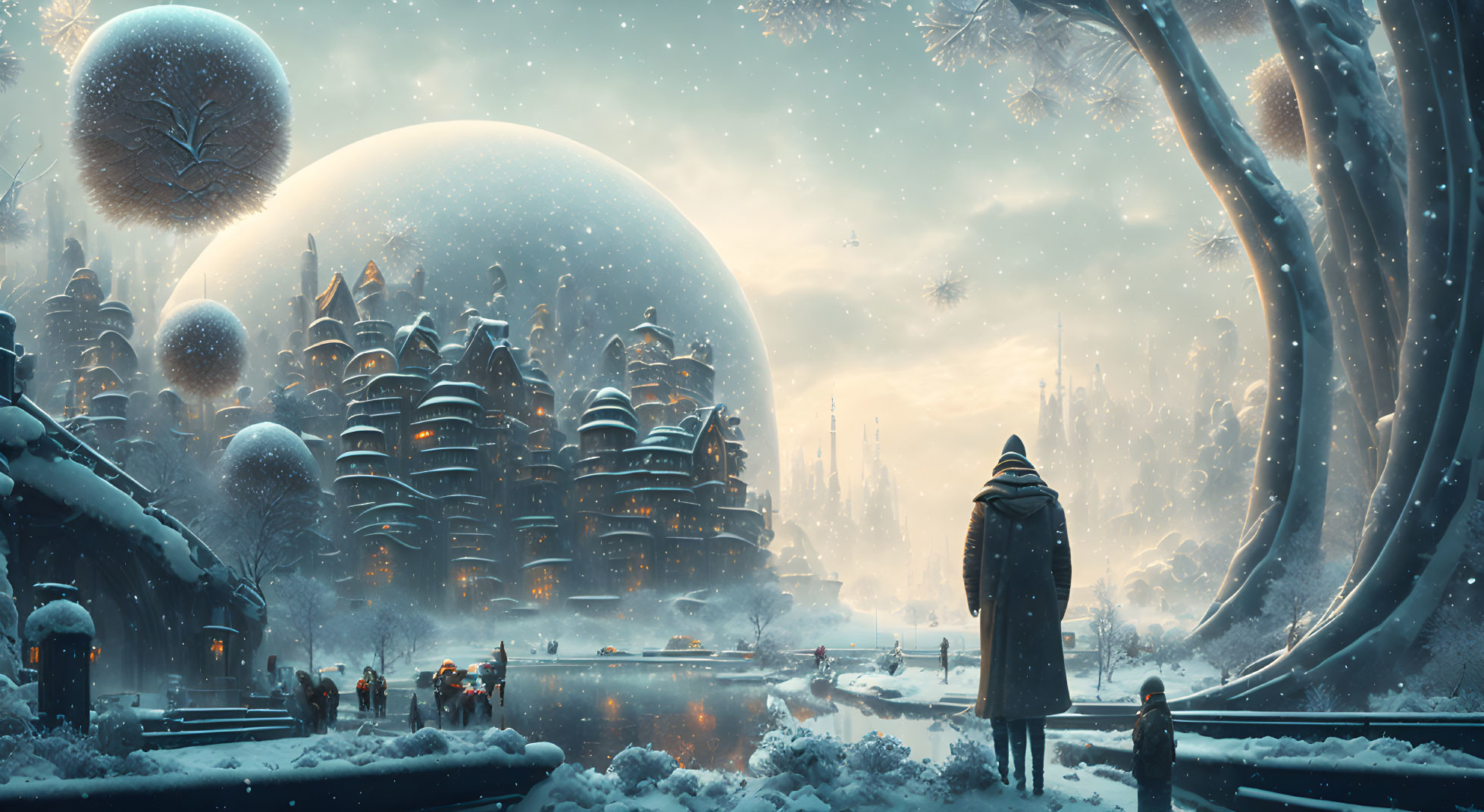 Cloaked figure gazes at futuristic city in snow.