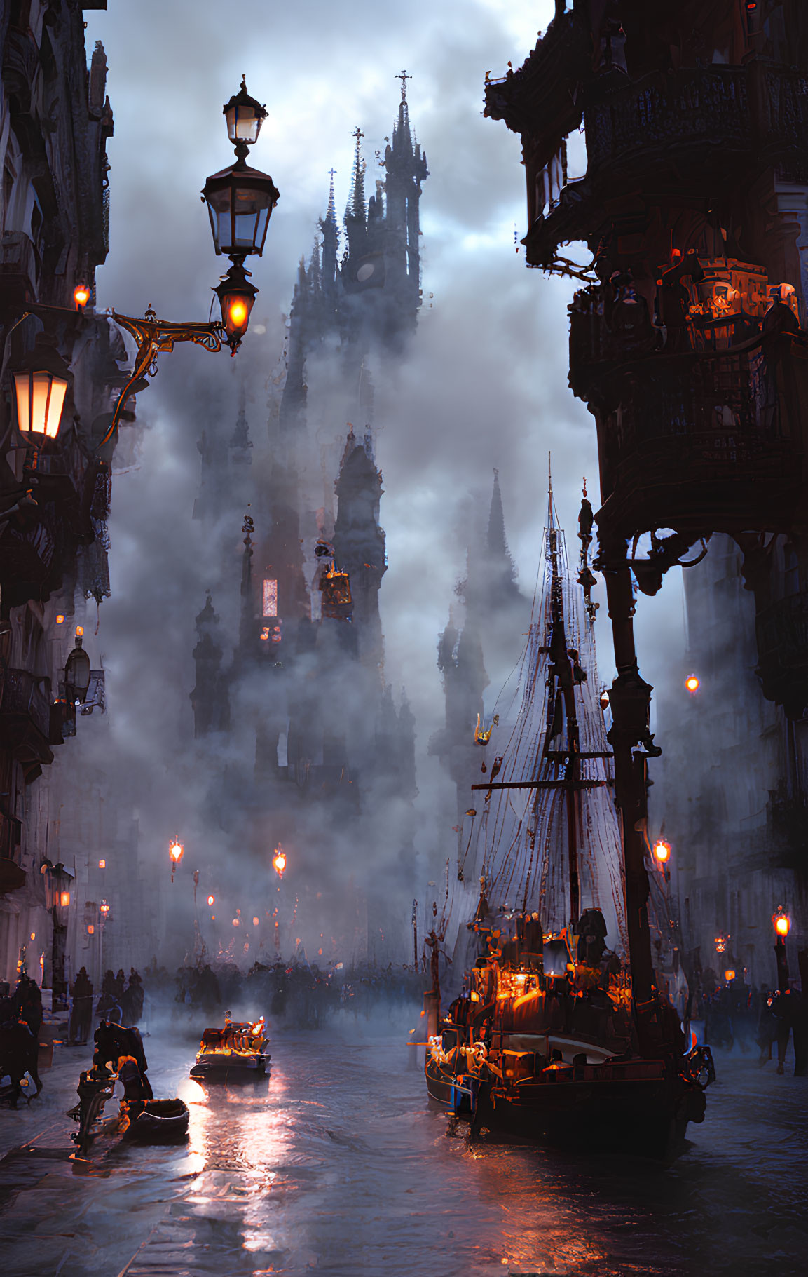 Gothic cityscape with cathedral, street lamps, and boats in foggy setting