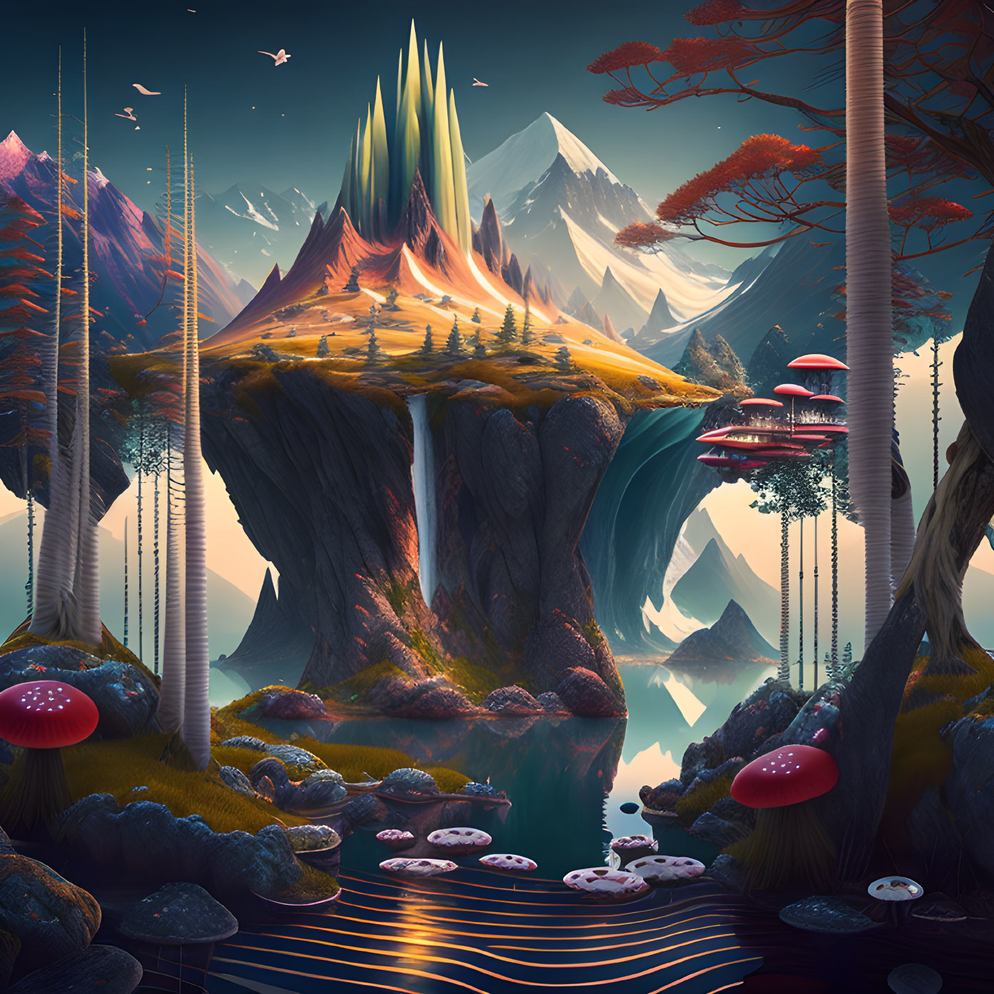 Majestic fantasy landscape with mountain, islands, mushrooms, waterfalls & lake