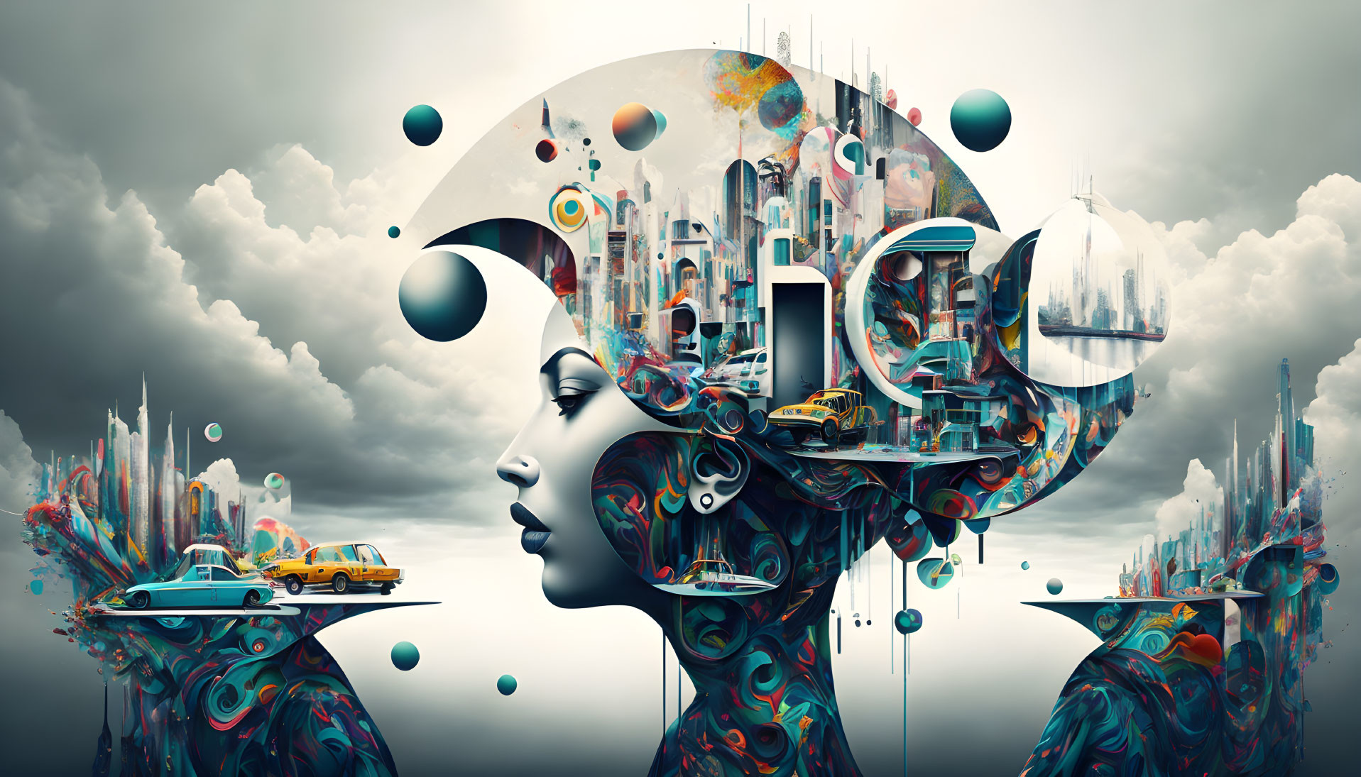 Futuristic cityscape in female profile artwork with vibrant colors