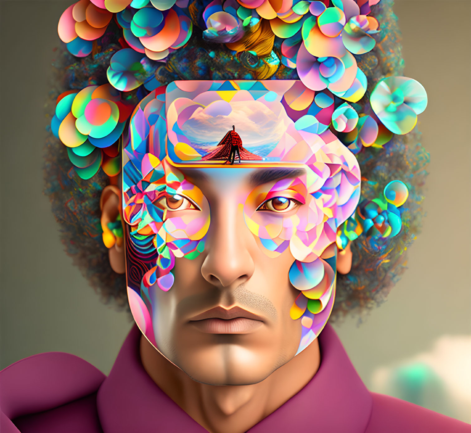 Colorful surreal digital art portrait with abstract mind landscape and bridge.