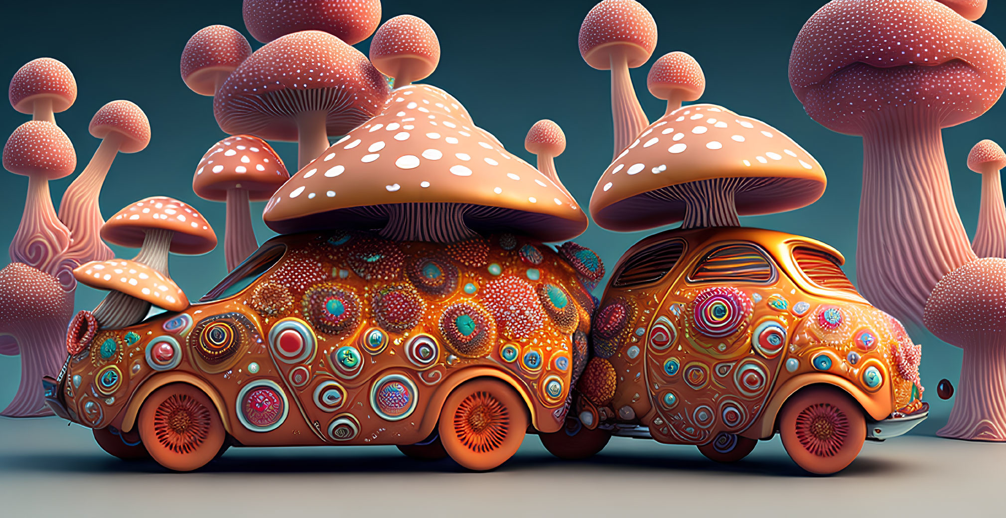 Colorful digital artwork: Cars transformed into mushroom structures