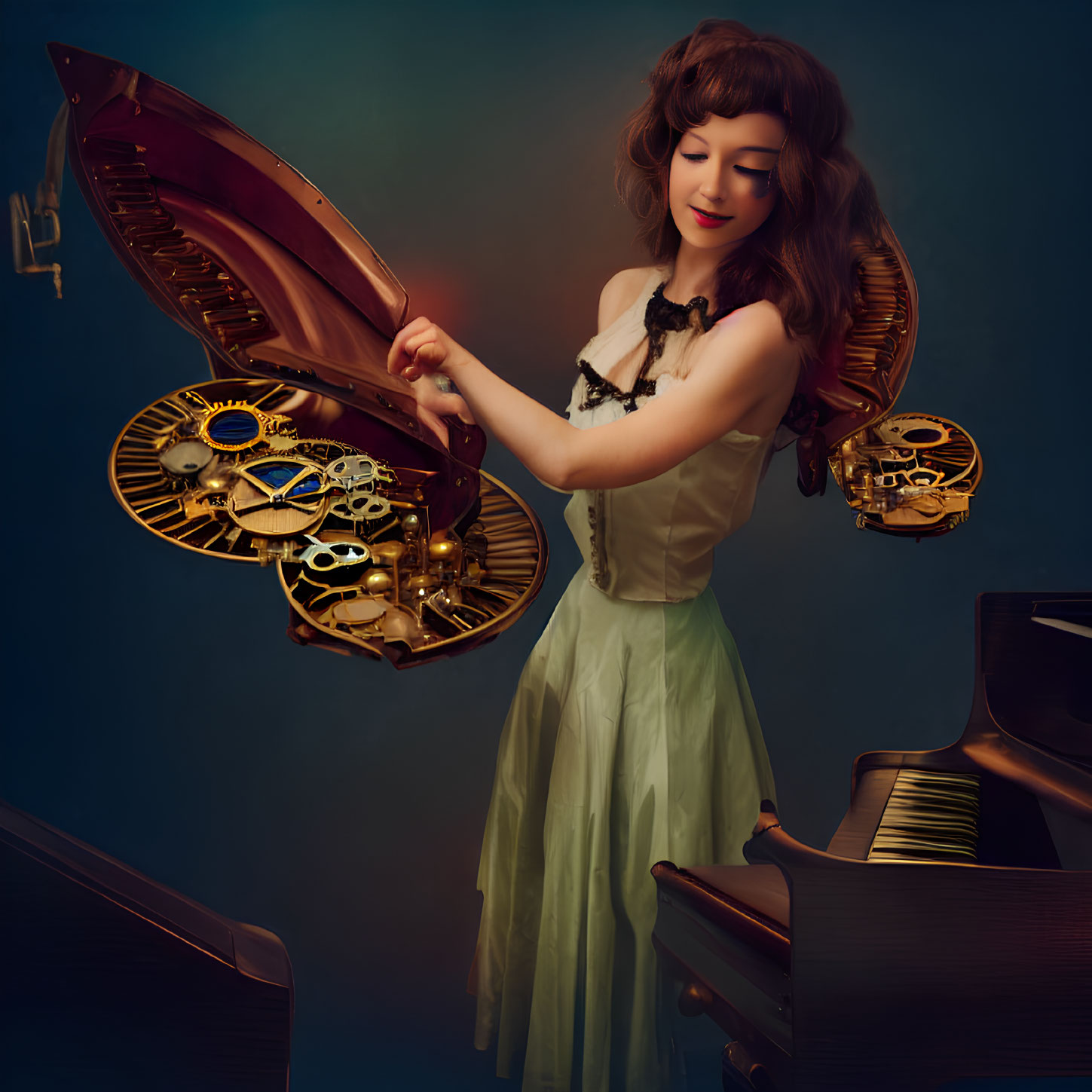 Vintage dress woman with steampunk piano and gears motif