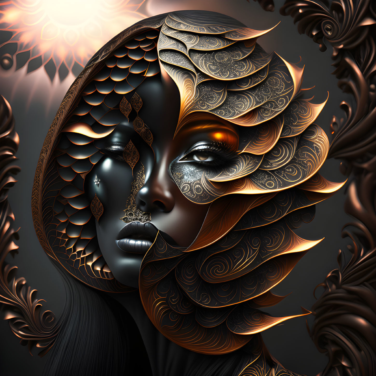 Stylized female face with metallic-gold ornate patterns on dark background