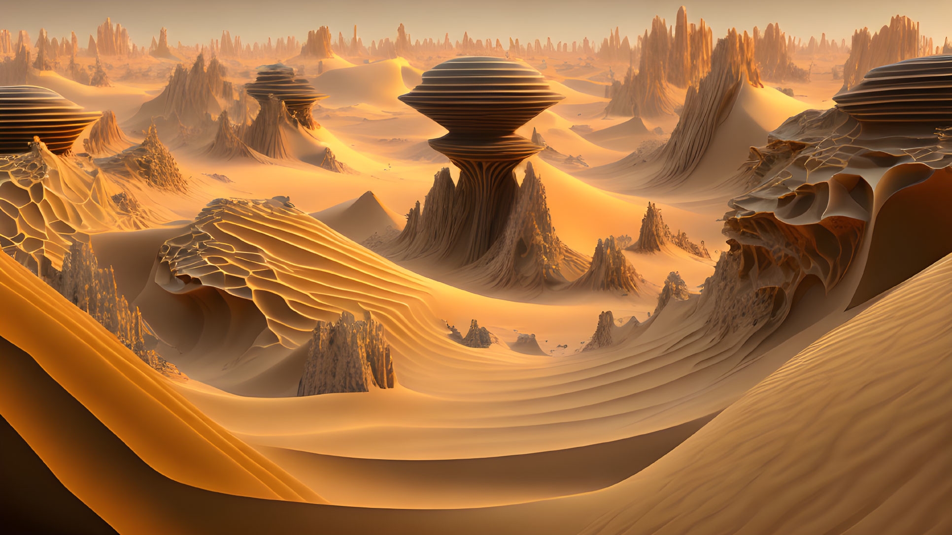 Surreal desert landscape with dunes, spires, and spherical structures