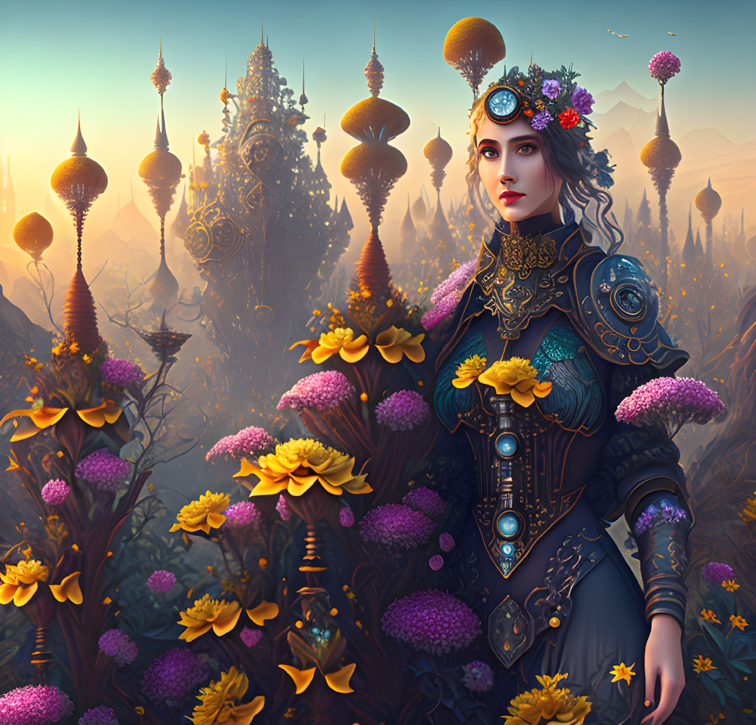 Woman in ornate medieval armor in front of fantasy landscape with towers and blossoming flora.