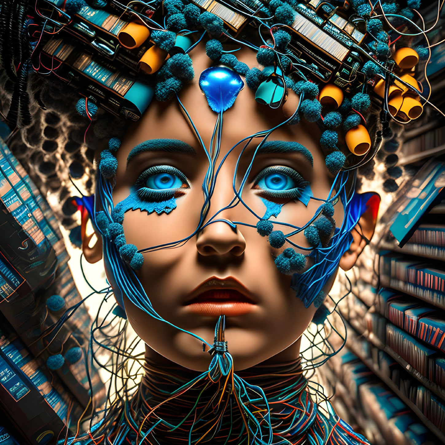 Surreal portrait featuring person with blue eyes, technology, organic elements, and books