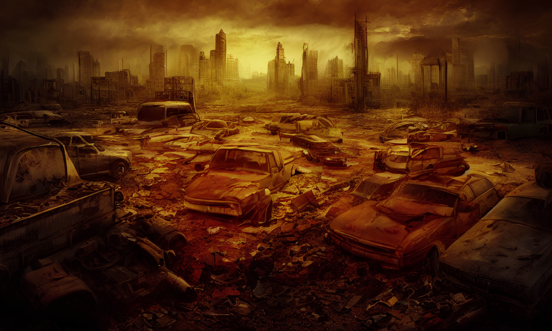 Desolate urban scene with rusted cars and crumbling skyscrapers