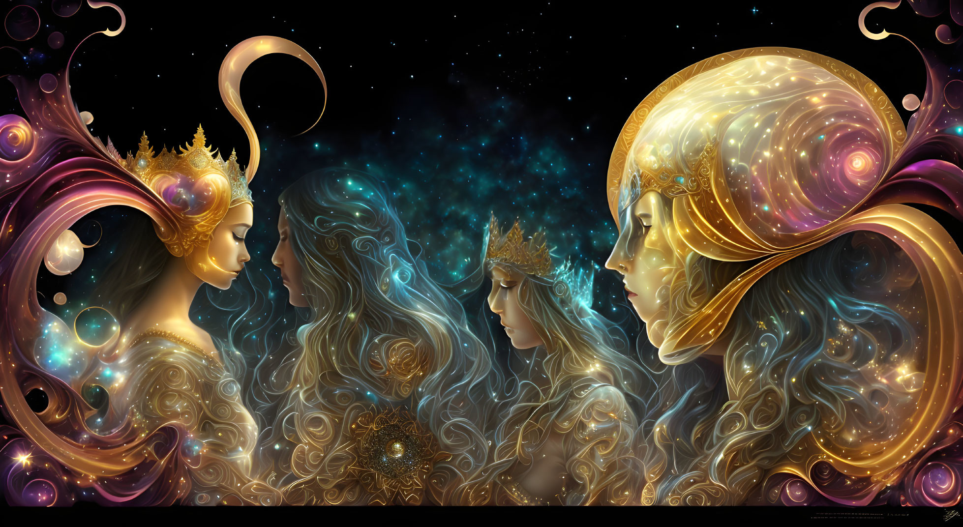 Fantasy-themed illustration of two ethereal women with ornate crowns and cosmic elements.