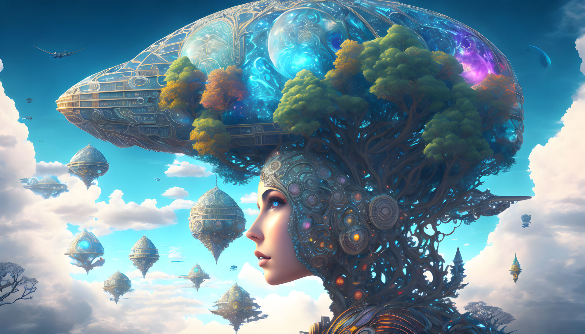 Surreal artwork: woman with mechanical headpiece, miniature ecosystem, floating cities, blue sky.