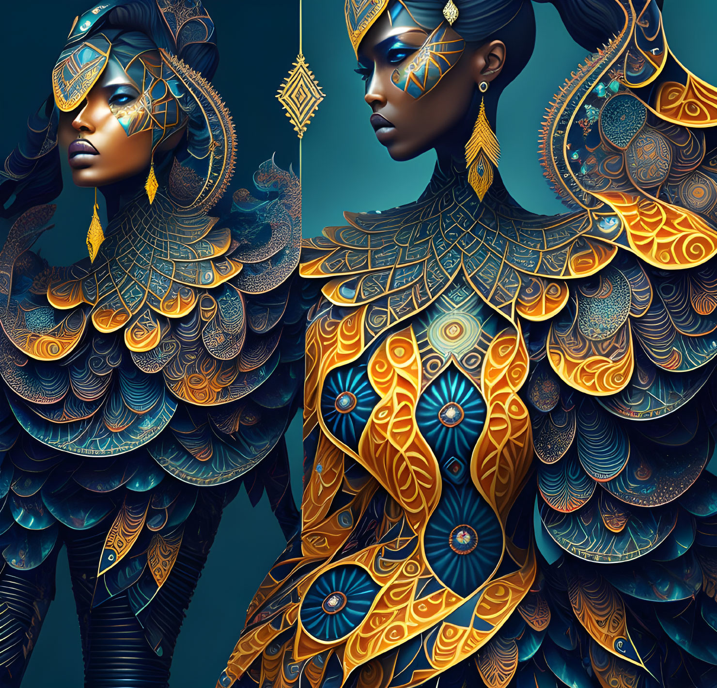 Intricately adorned women in blue, orange, and gold on dark background