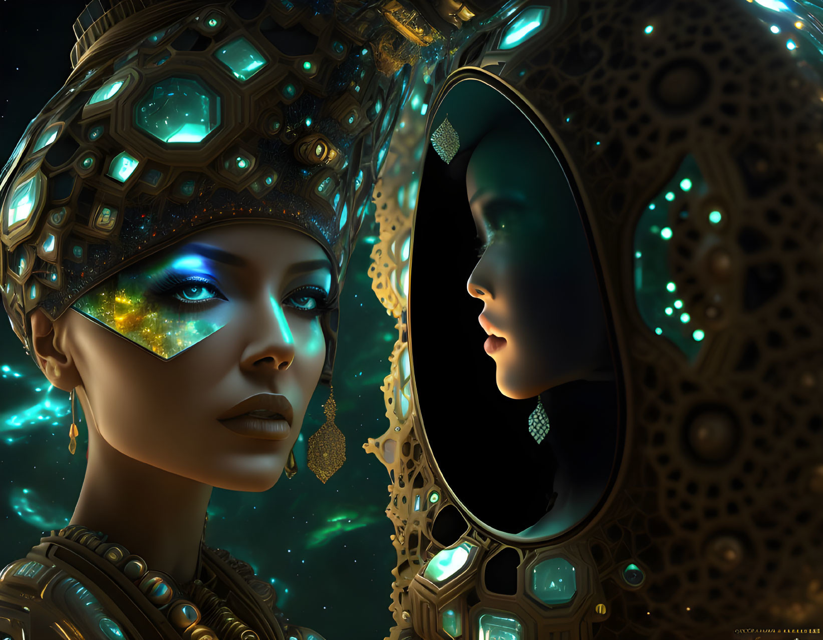 Futuristic female figure with ornate headgear and mirror reflection