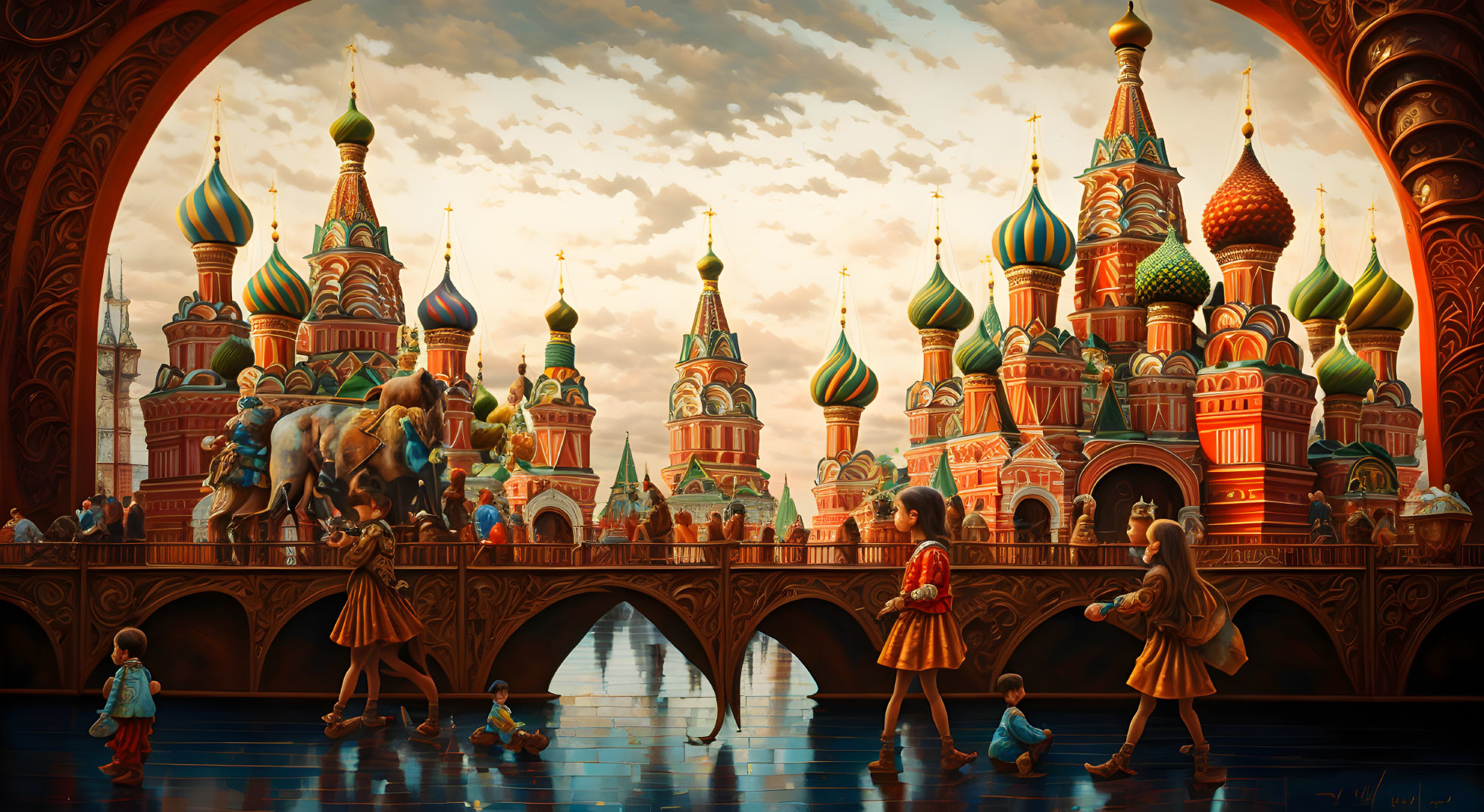 Traditional attired individuals near bridge & ornate buildings reminiscent of Moscow's St. Basil's Cathedral under