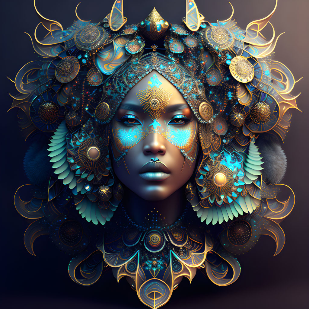 Elaborate gold and turquoise headdress on woman in digital art