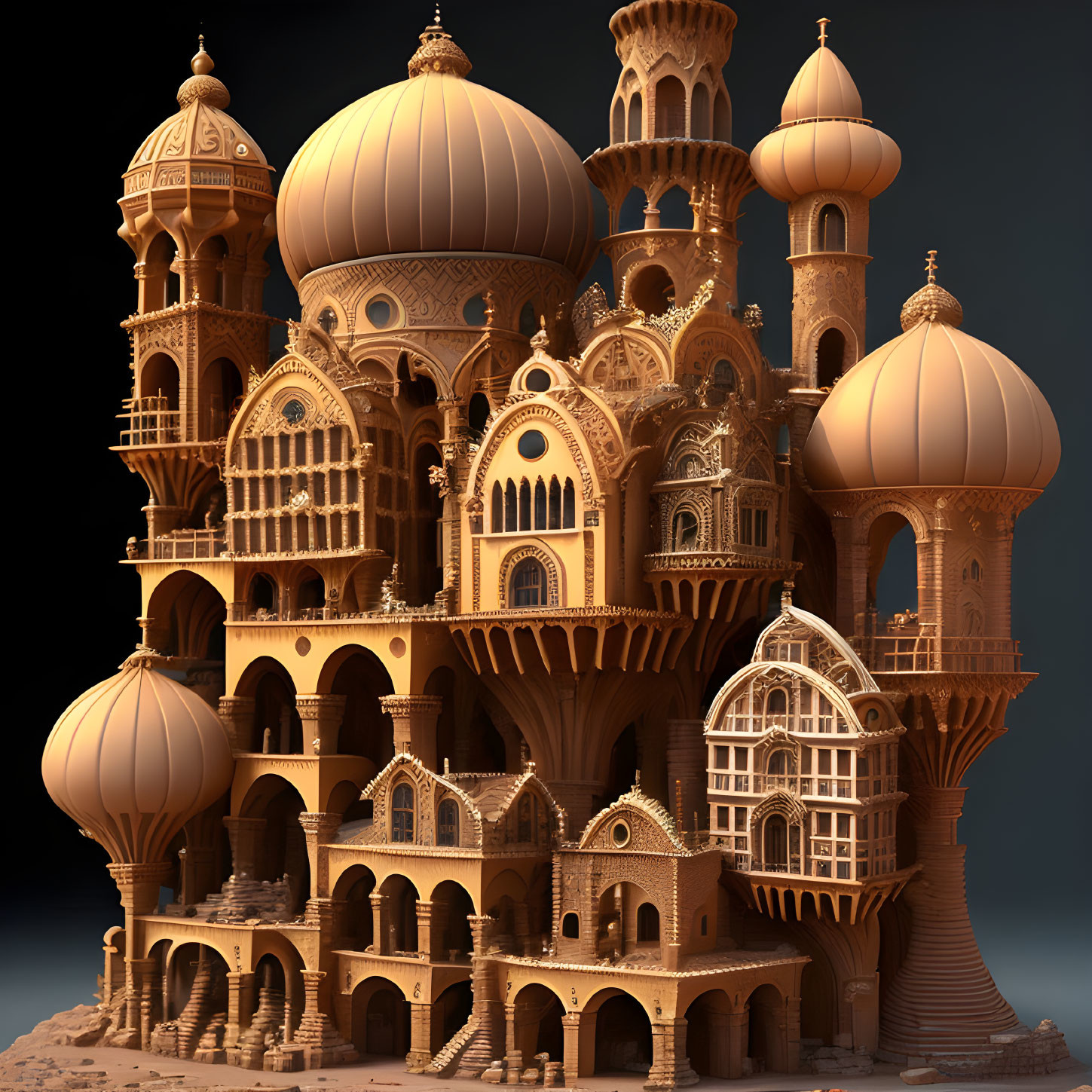 Intricate Fantasy Palace with Domes and Arches on Monochrome Background