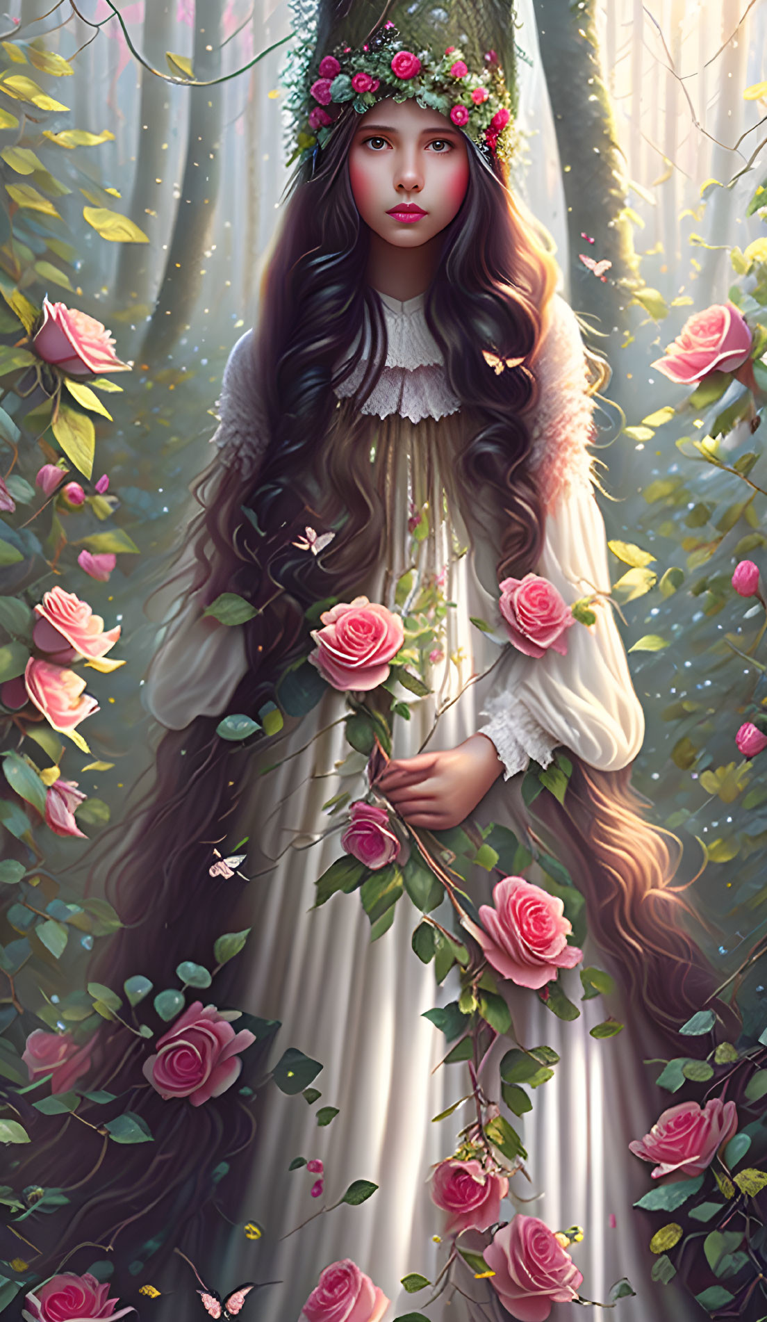 Illustration of young woman with long brown hair in rose-filled glade