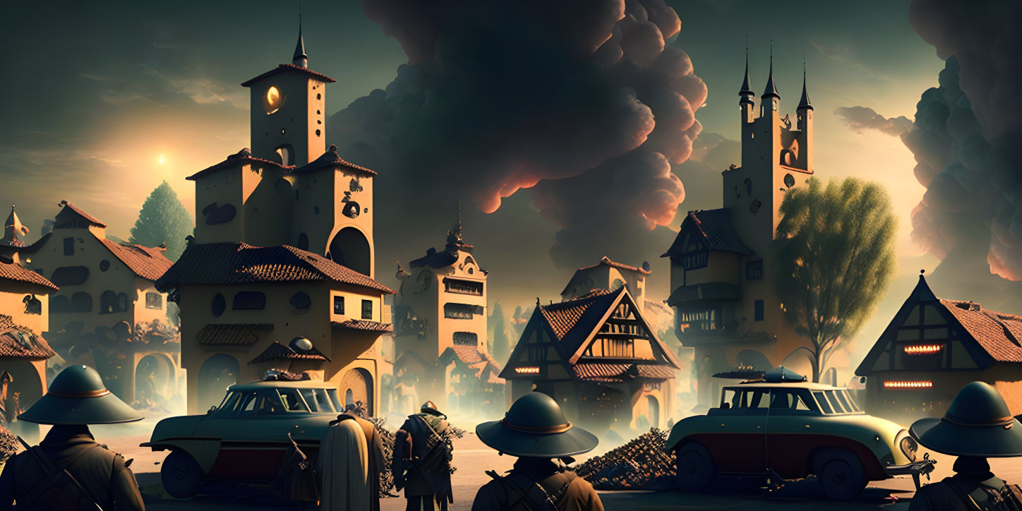 Vintage-style illustration of town with old cars, people in hats, sun, and dark smoke plumes