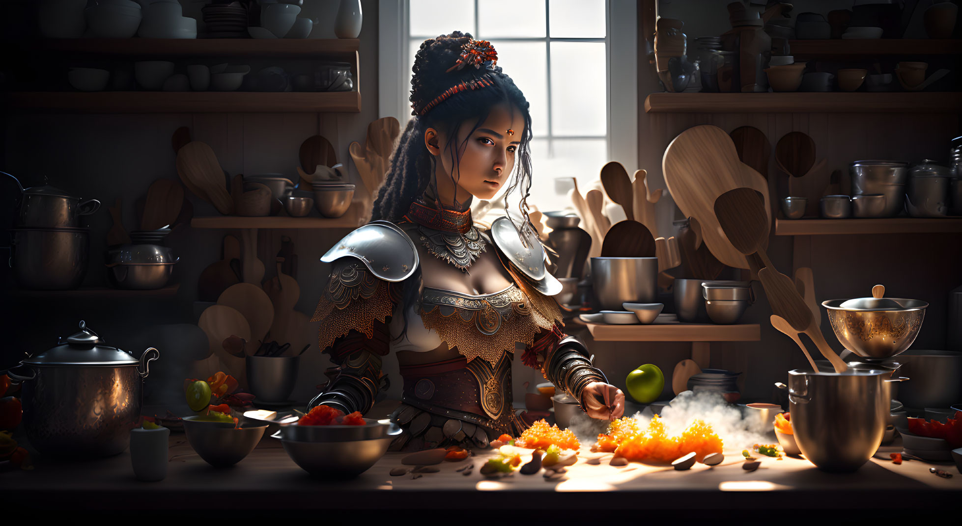 Female warrior in detailed armor cooking in rustic kitchen with vegetables and pots