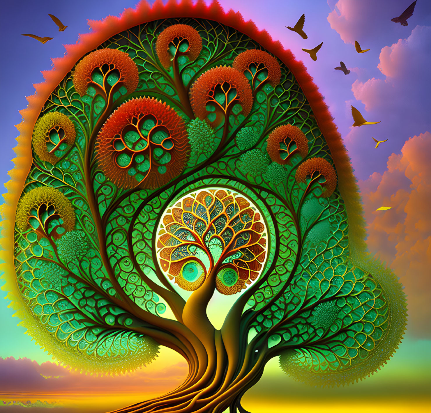 Colorful Tree Illustration with Peacock Feather Leaves & Birds in Sunset Sky