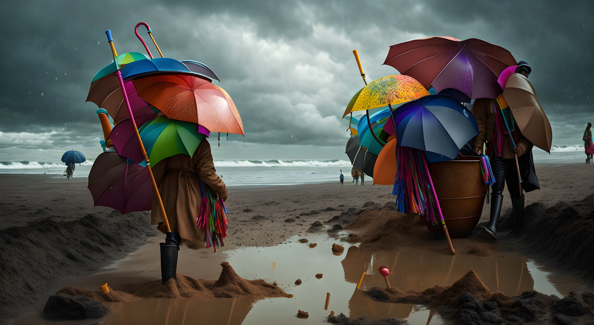 Colorful umbrellas with legs on surreal beach scene