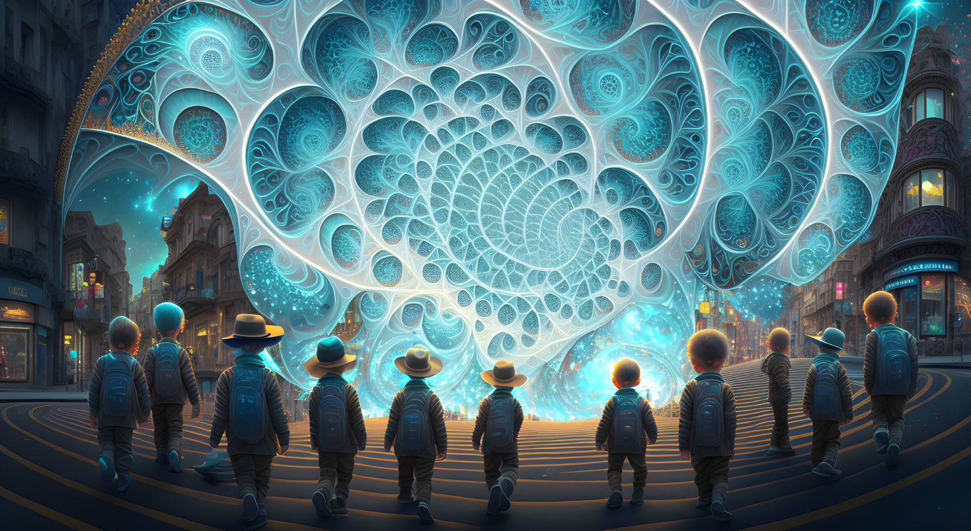 Group of people in uniform facing glowing fractal portal on city street