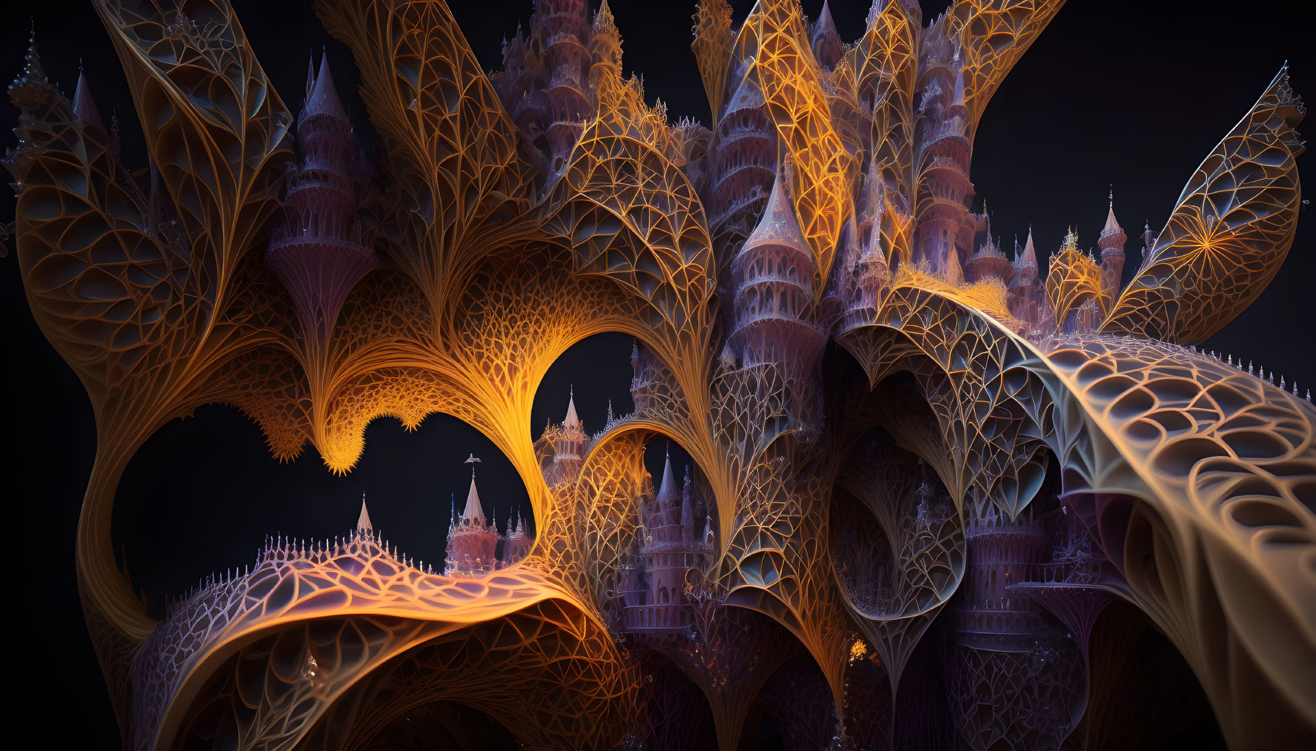 Intricate Castle-Like Structures in Surreal Fractal Landscape