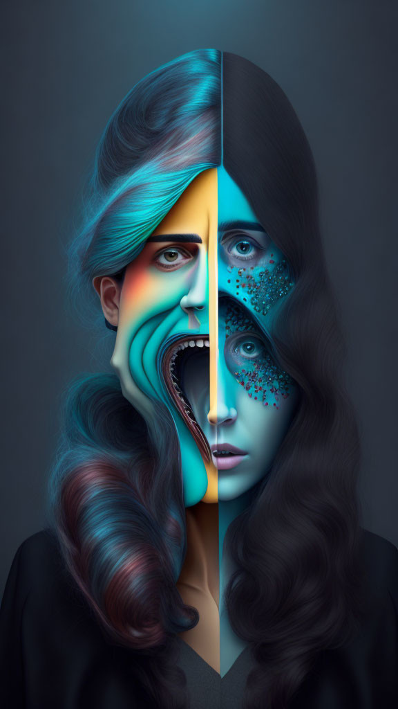 Split surreal portrait: natural face meets colorful, abstract space.