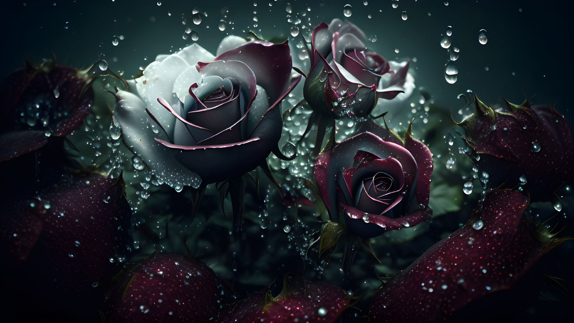 Dew-covered roses in dark tones with suspended water droplets