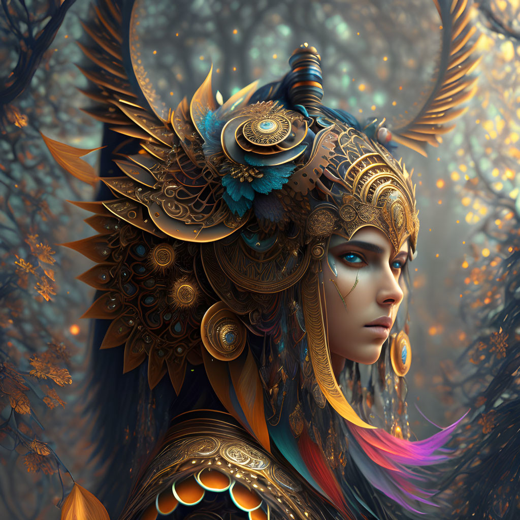 Elaborate Golden and Teal Headgear Portrait Against Autumn Backdrop