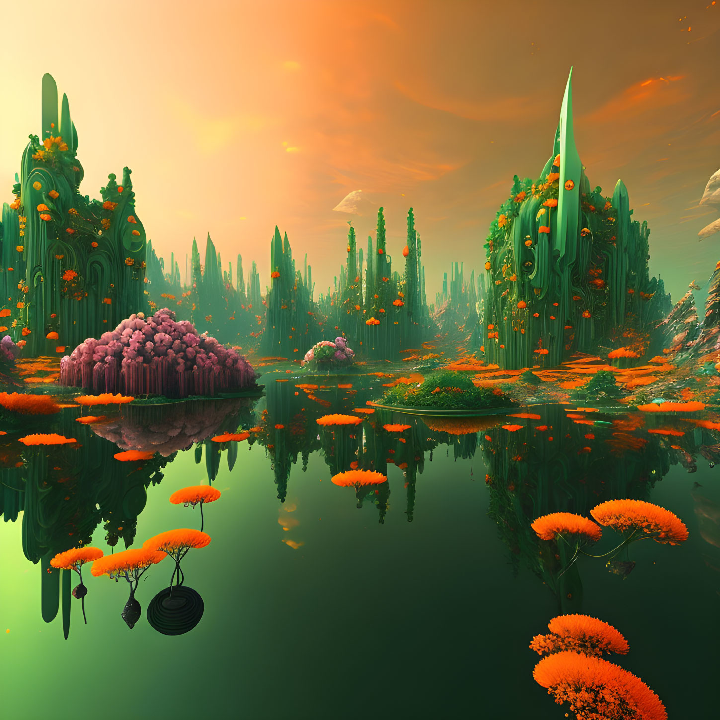 Alien landscape with orange and green vegetation by calm lake