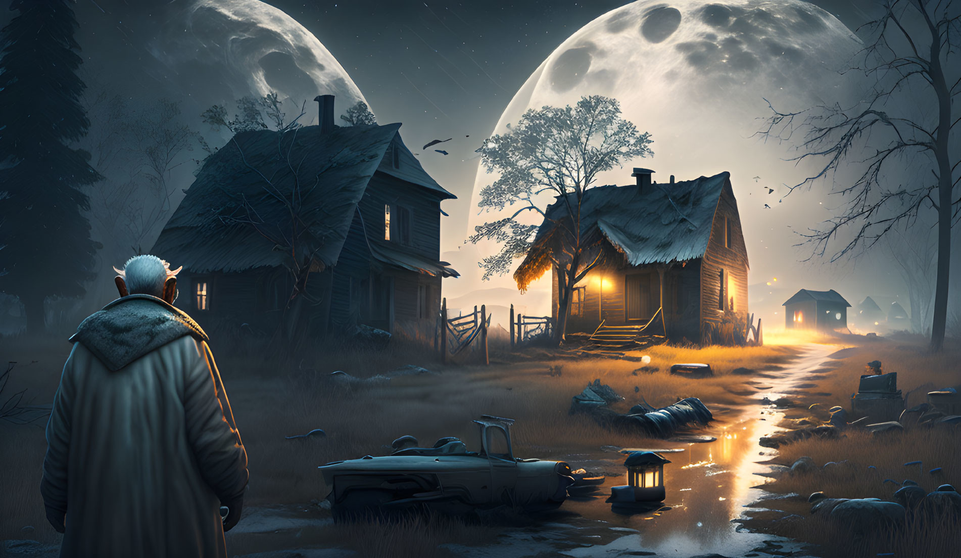 Person in winter jacket gazes at surreal rural scene with twin moons, dilapidated houses, and