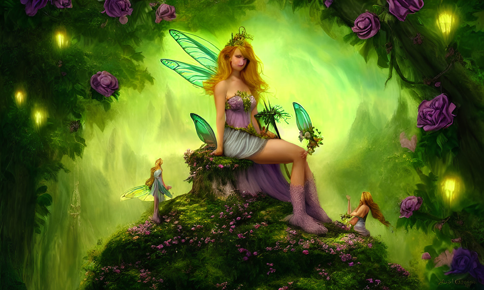 Regal fairy on mossy knoll with glowing lights and purple roses