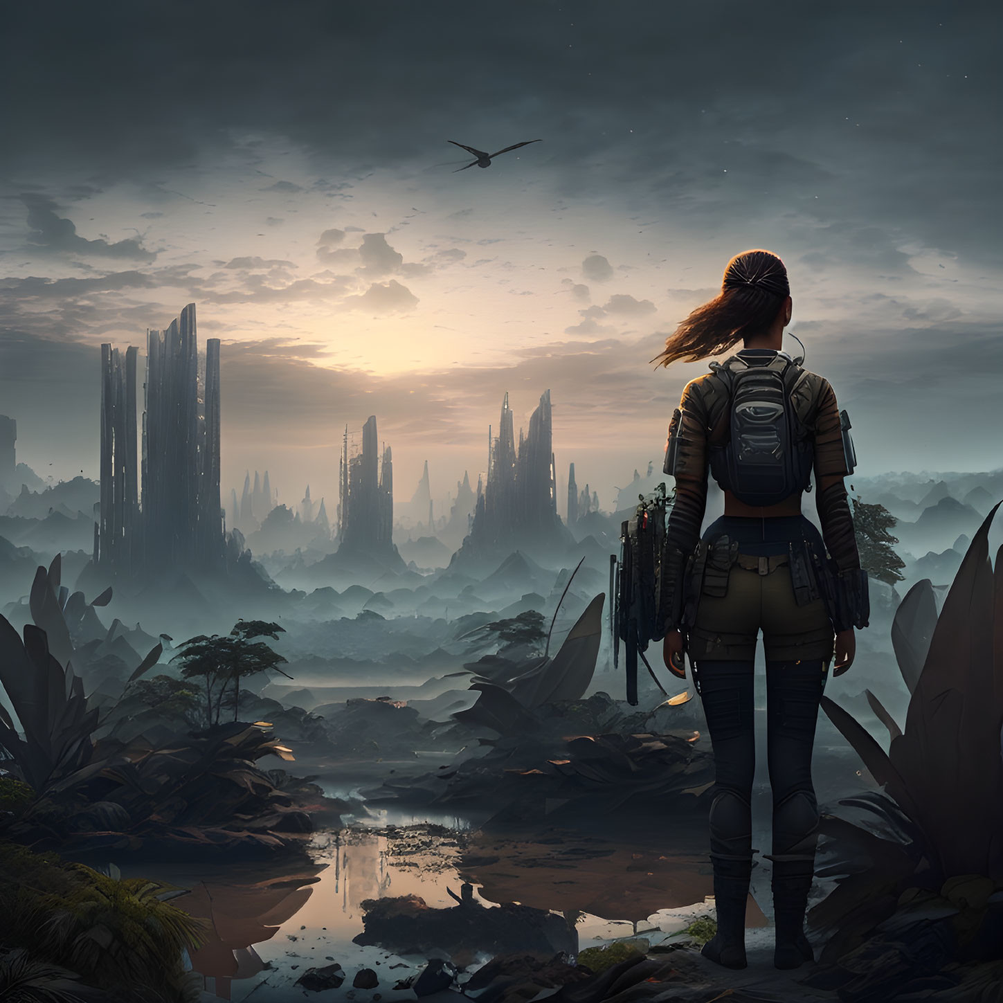 Person in misty alien landscape at sunrise with towering spires and lush flora.