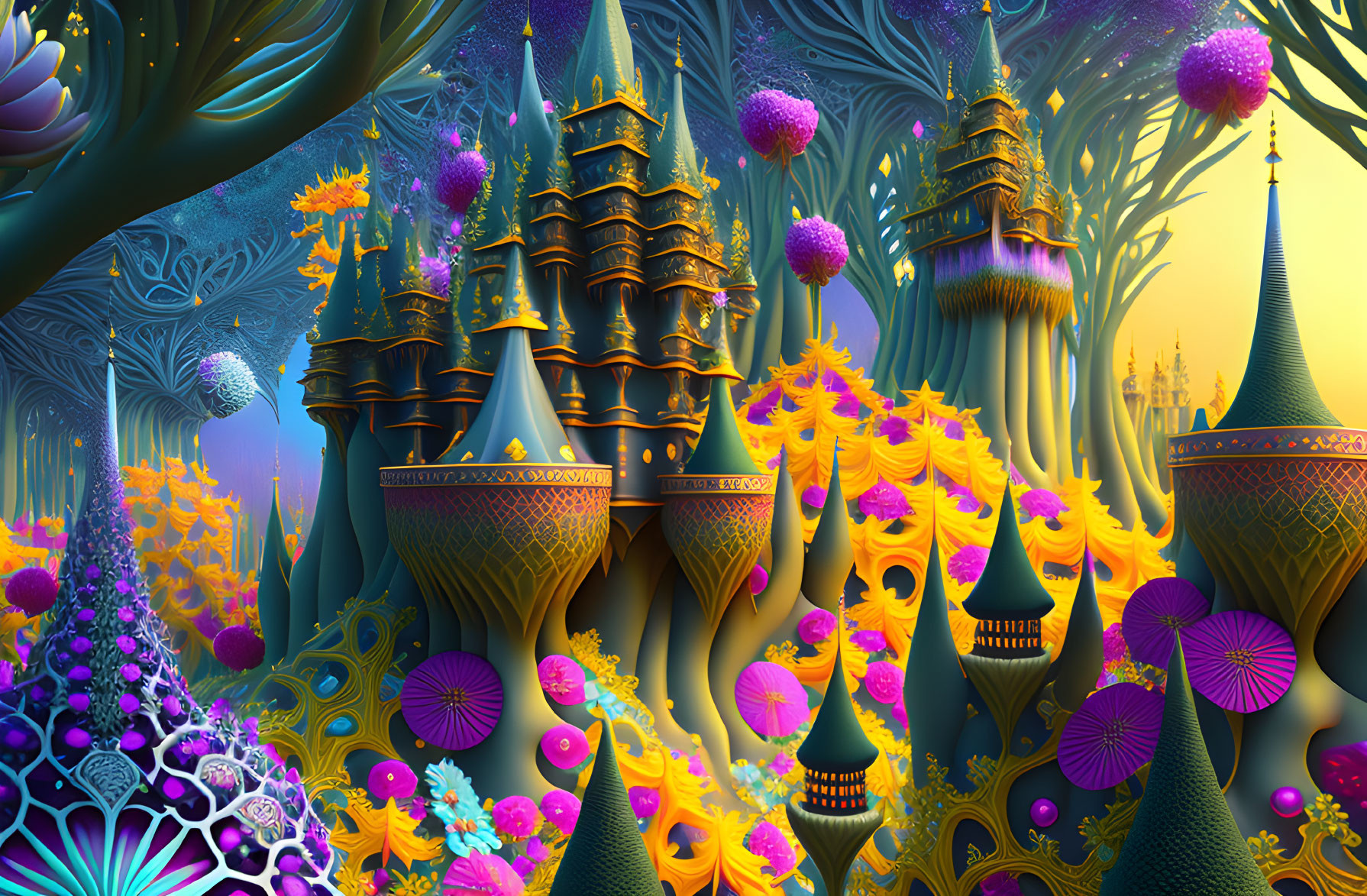 Surreal landscape with golden towers and purple trees