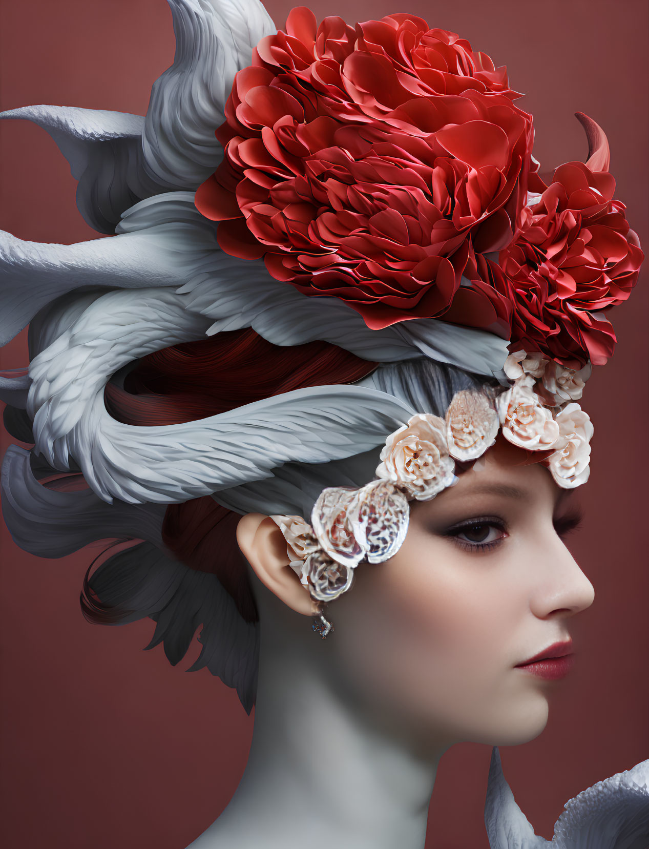 Portrait of Woman with Pale Skin and Red Flower Headdress on Red Background