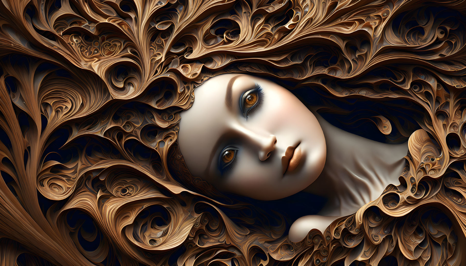 Woman's face obscured by swirling wood-like patterns