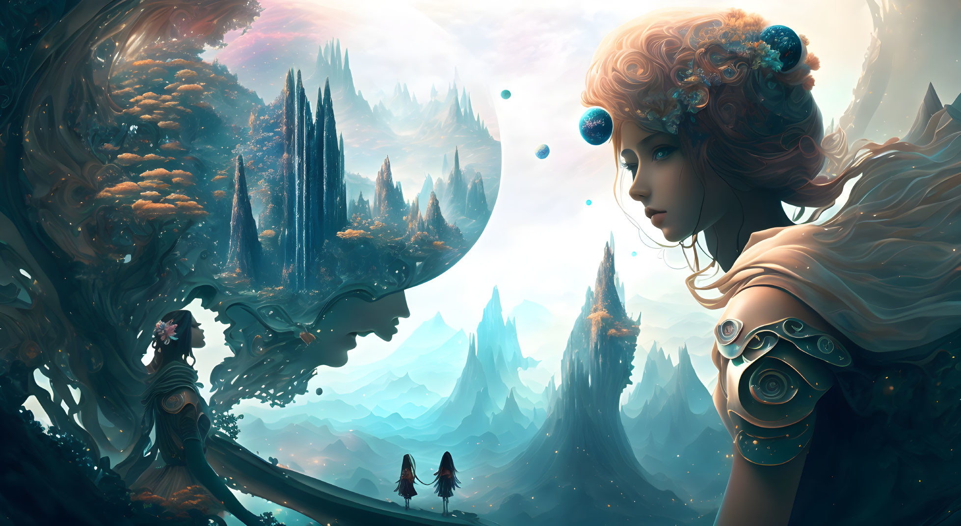 Fantasy artwork featuring ethereal female figure with galaxy hair and serene landscape.