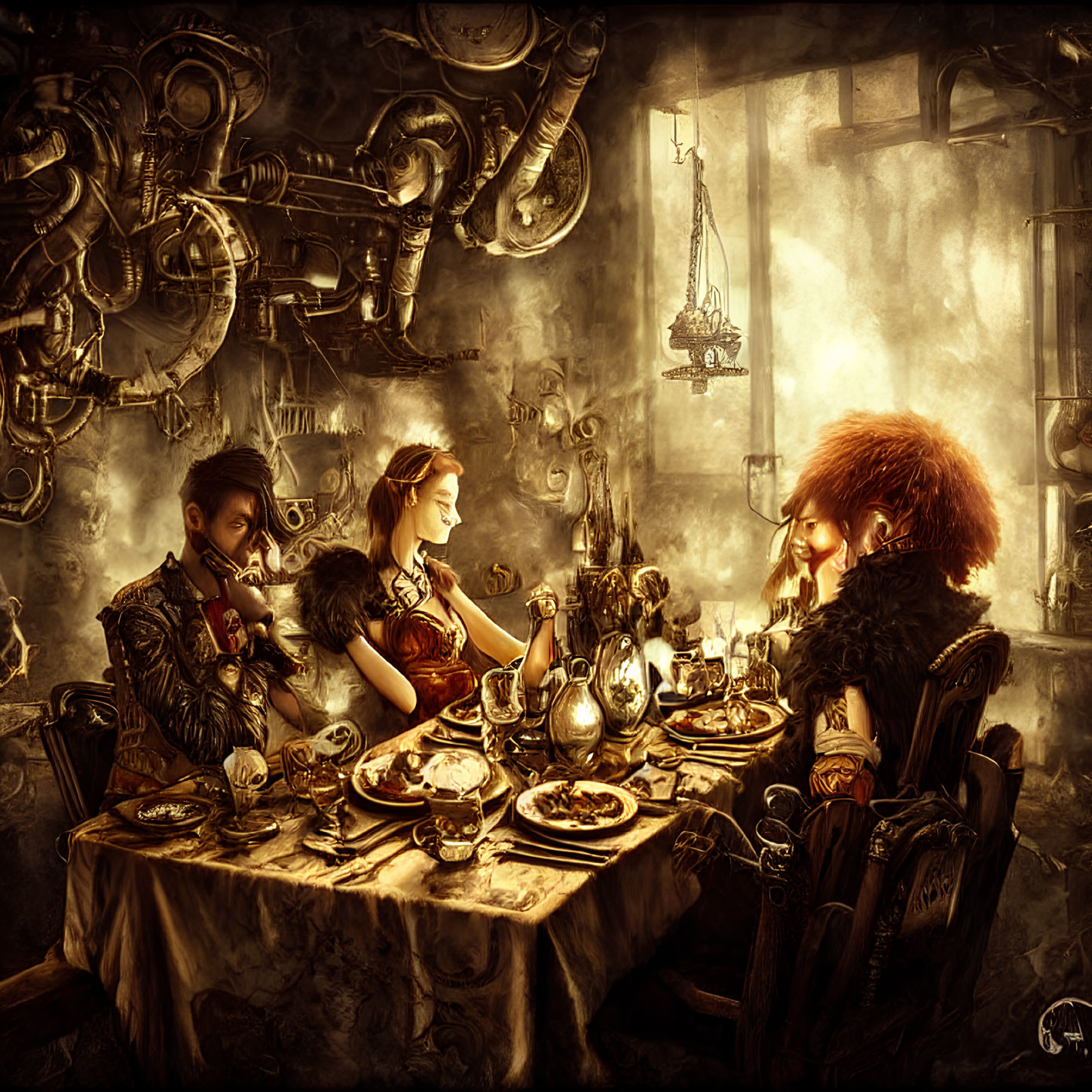 Elaborately costumed trio at ornate steampunk table