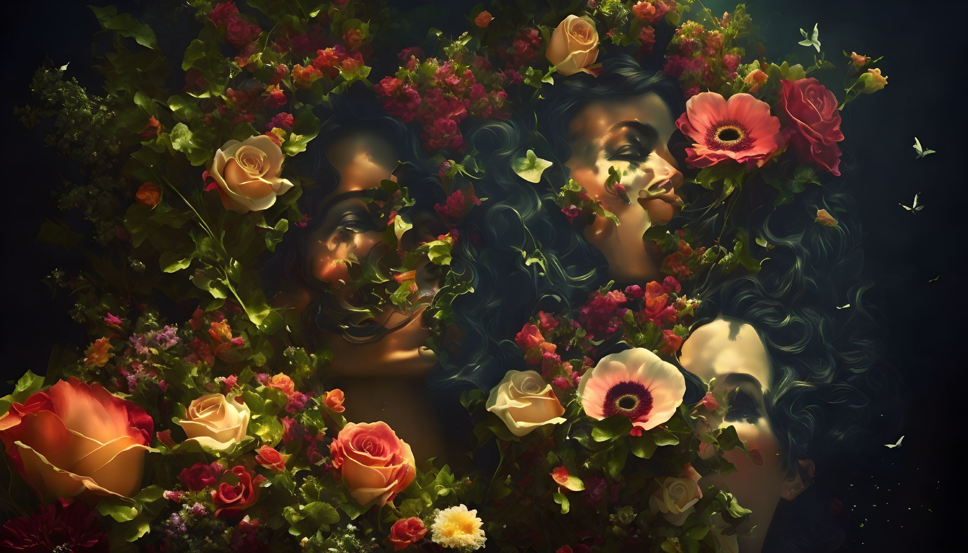 Artistic image: Women's faces blended with vibrant flowers on dark background