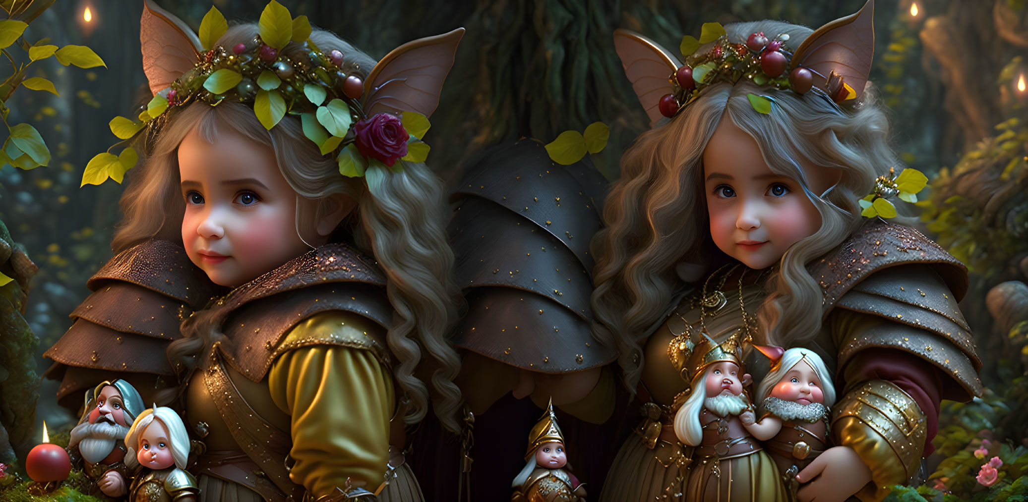 Fantasy characters with elven ears in golden armor in magical forest