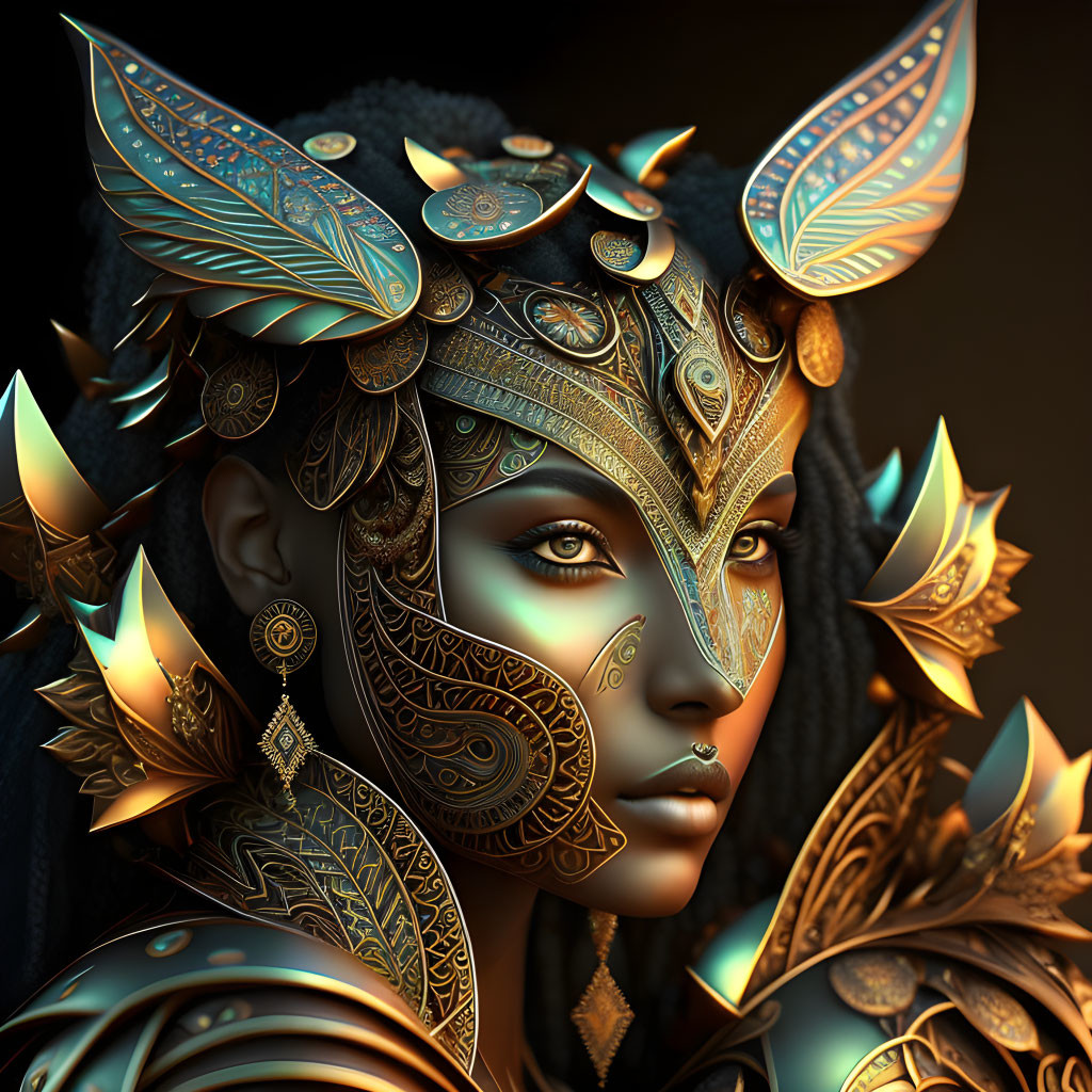 Fantasy-inspired portrait of a woman in ornate golden armor