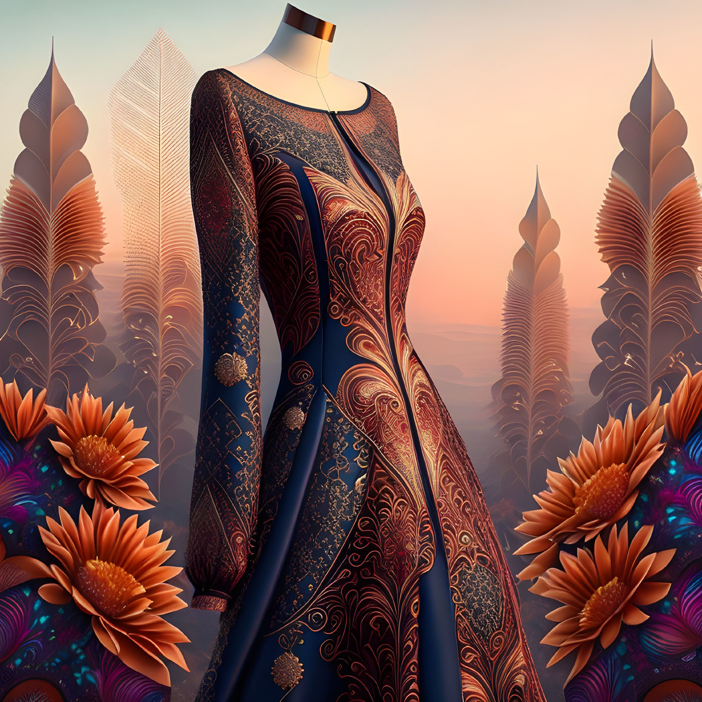 Elegant dress with gold patterns on mannequin in futuristic sunset scene