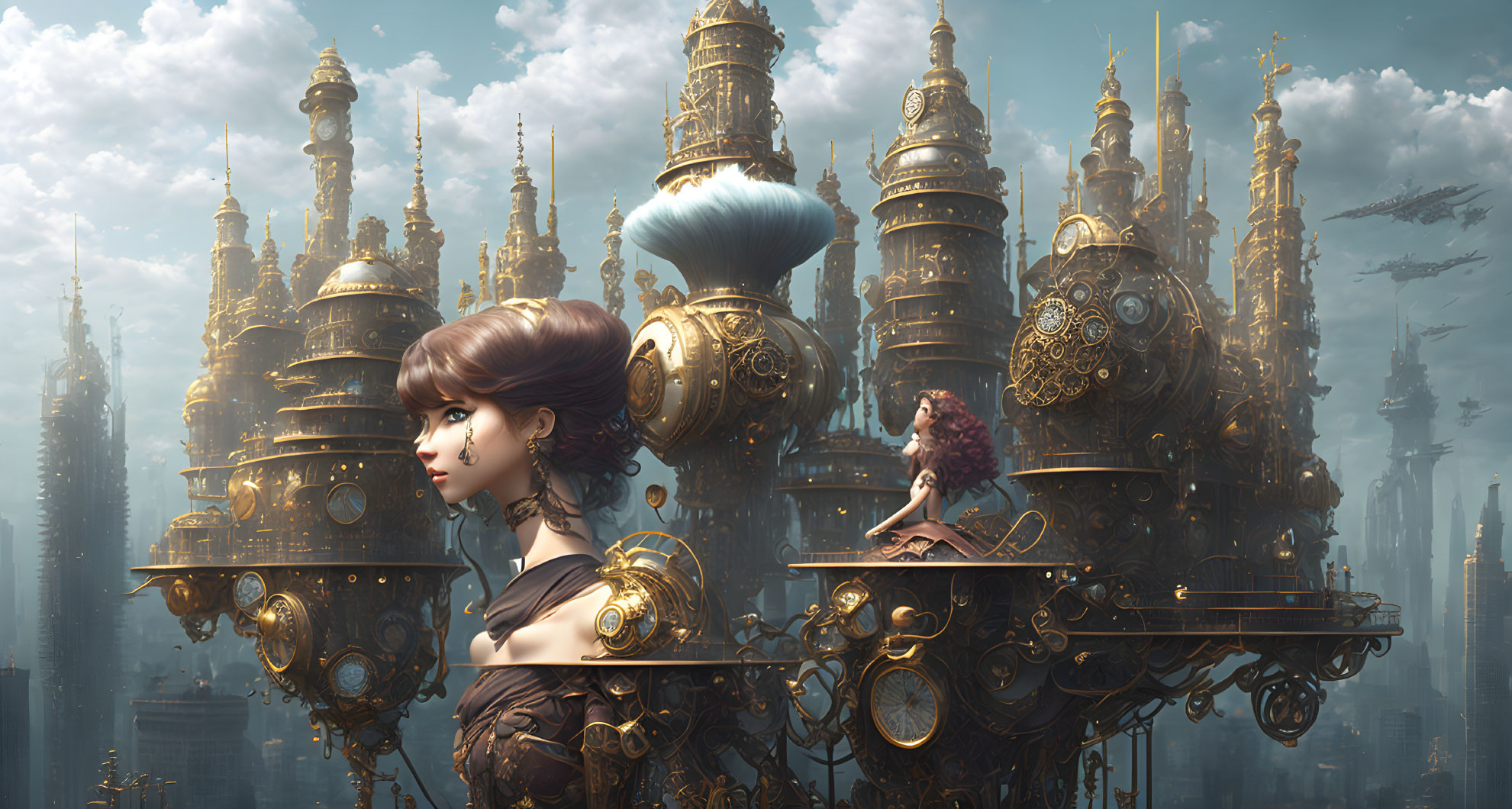 Steampunk cityscape digital artwork with Victorian-inspired female character