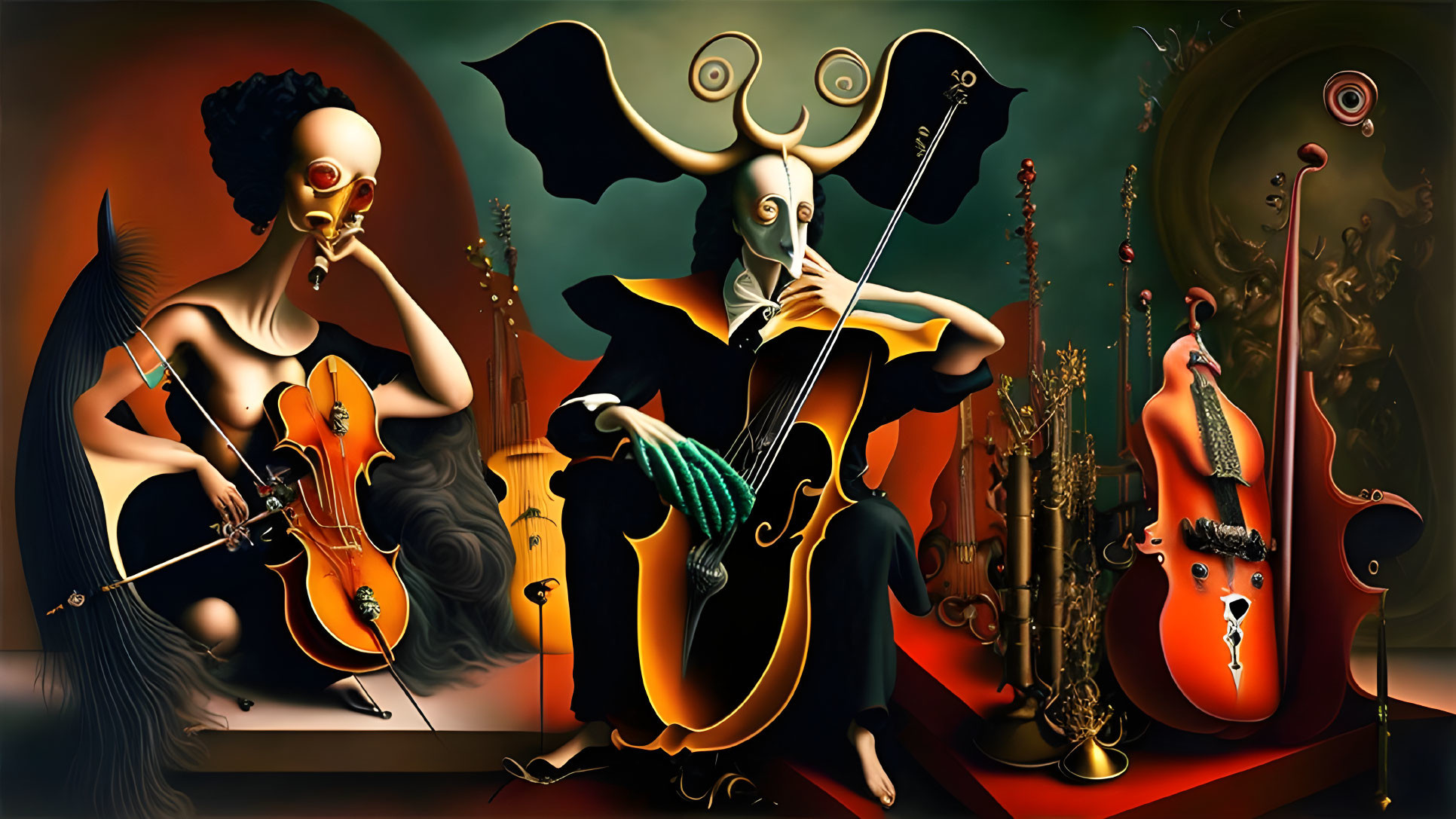 Surreal artwork: anthropomorphic figure with goat head plays cello in dark, vibrant setting